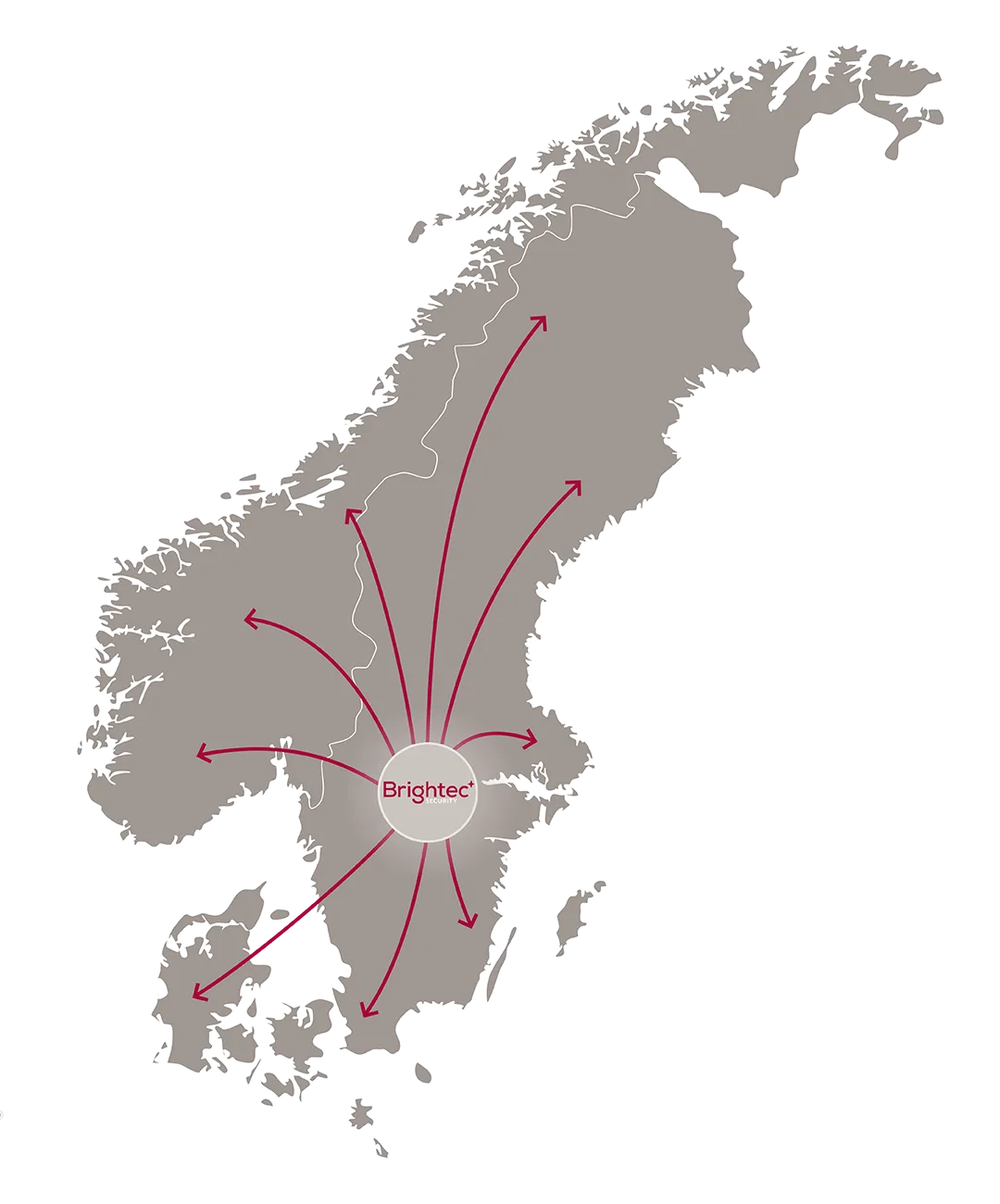 Karta över Norden med Brightec Securitys huvudkontor och räckvidd till kunder i Sverige, Norge, Danmark och Finland